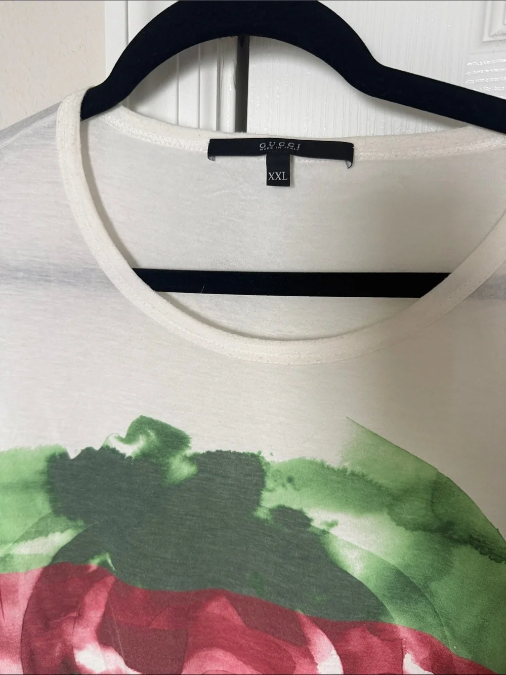 Men’s White Gucci Tee with Red and Green Watercolor Print